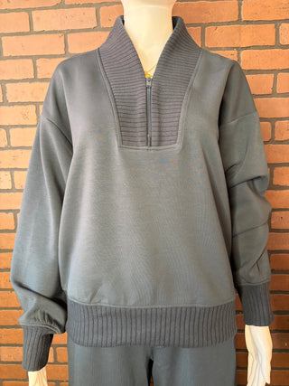Rae Mode Teal Navy Modal Poly 4x2 Rib Quarter Zip Jacket