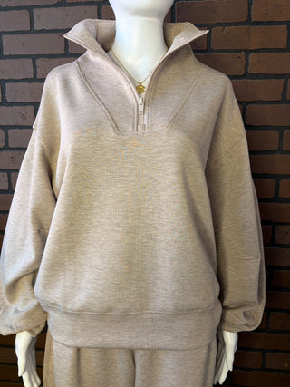 Rae Mode Heather Taupe Modal Poly Quarter Zip Mock Neck Top