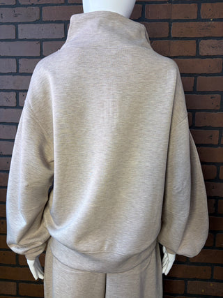 Rae Mode Heather Taupe Modal Poly Quarter Zip Mock Neck Top