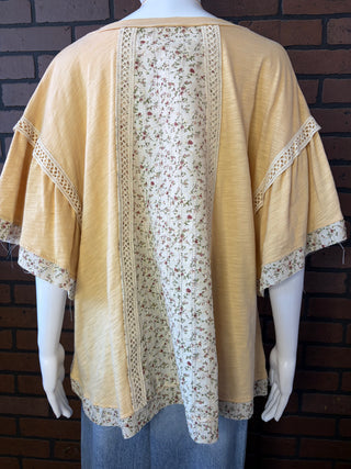 Haptics Taupe V Neck Drop Shoulder Looses Fit Ruffle Short Sleeve Vintage Floral Print Top