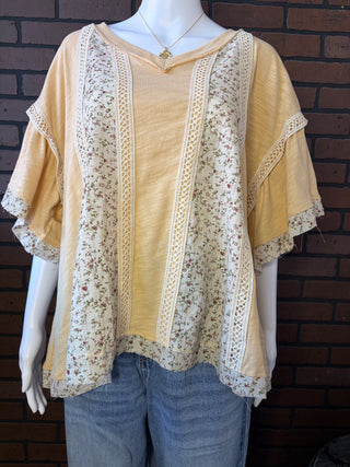 Haptics Taupe V Neck Drop Shoulder Looses Fit Ruffle Short Sleeve Vintage Floral Print Top