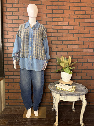 Oli & Hali Blue Washed Fabric Mix Button Down Shirt