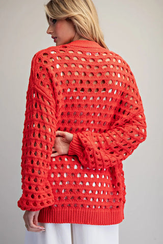 Ee:some Tomato Open Knit Bubble Sleeve Cardigan