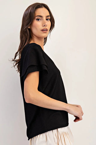 Ee:some Black Layered Flutter Sleeve V-Neck Top