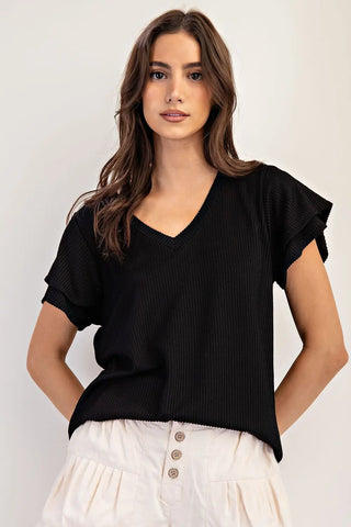 Ee:some Black Layered Flutter Sleeve V-Neck Top