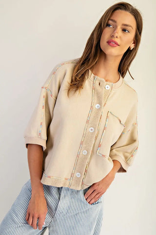 Ee:some French Vanilla Enzyme Washed Terry Knit Button Down Top