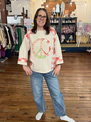 Easel Red Stone 3/4 Sleeve Peace Patch Top - Regular Sizes