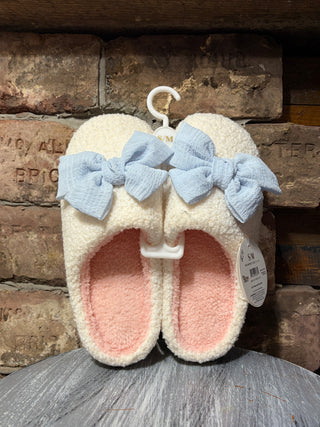 The Darling Effect Betty Bow Light Blue Fuzzy Slippers