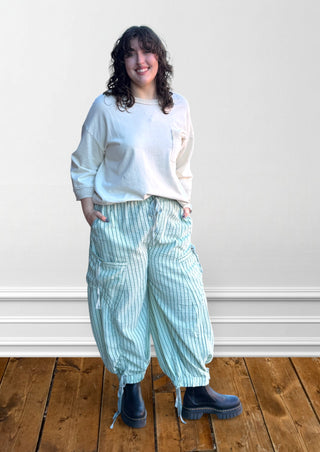 Blue Velvet Mint Stripe Cargo Drawstring Pants - Regular Sizes