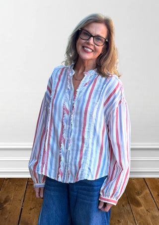 ee:Some Berry Breeze Soft Washed Stripe Frayed Trim Shirt - Regular Sizes