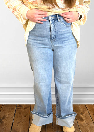 Mica Denim Capri Blue Super High Waist Wide Leg With Cuffed Hem Jeans - Plus Sizes