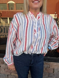 ee:Some Berry Breeze Soft Washed Stripe Frayed Trim Shirt - Regular Sizes