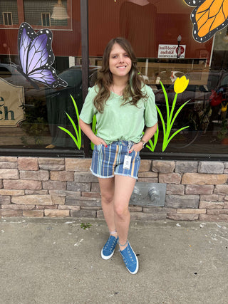Judy Blue High Waist Striped Denim Frey Hem Shorts