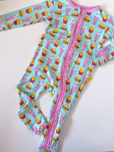 Kickee Print Muffin Ruffle Coverall With Zipper Summer Sky Cheeseburger