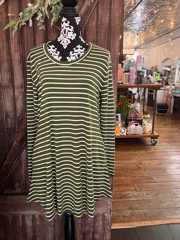 Umgee Moss Green Striped Long Sleeve Dress